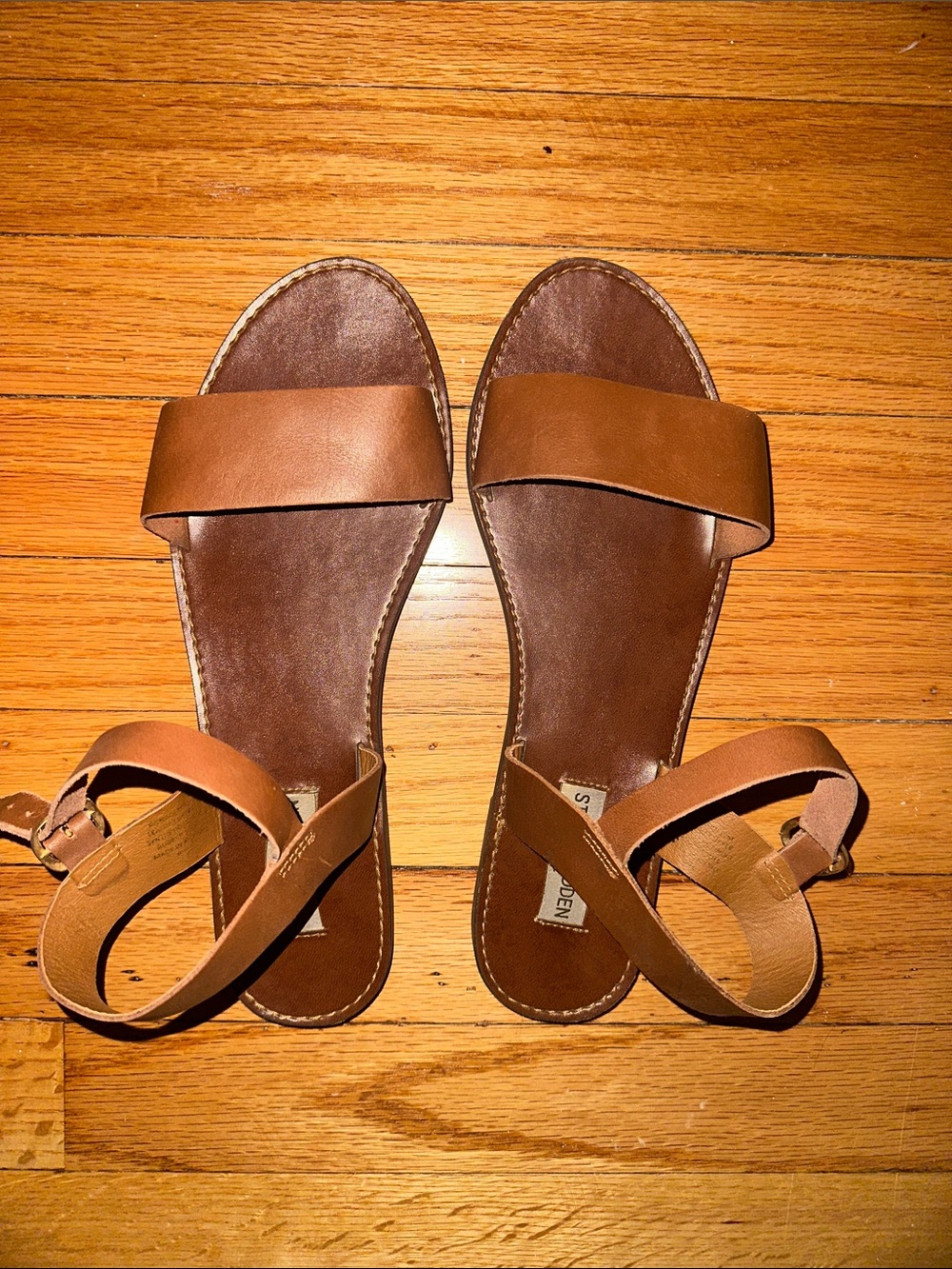 Steve Madden Tan Brown Leather Ankle-Strap Slide Sandals